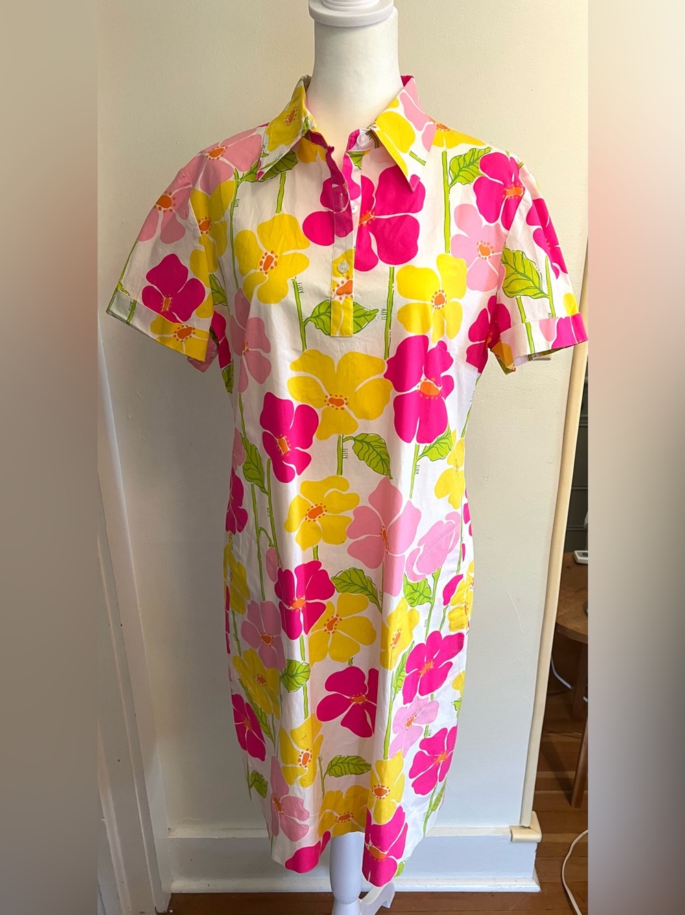 Lilly Pulitzer Pink and Yellow Floral Short Dress with Collar Cotton Size 10